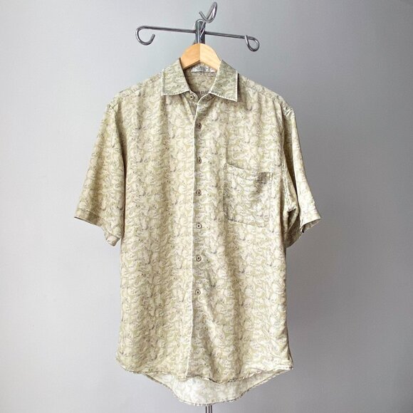🌿Pale Green Abstract Print Boxy Fit Short Sleeves Button Down Shirt - Picture 1 of 6